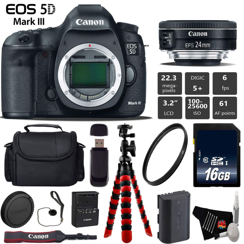 Canon EOS 5D Mark III DSLR Camera with 24mm f/2.8 STM Lens + Wireless Remote + UV Protection Filter + Case + Wrist Strap Base Bundle (International Mo