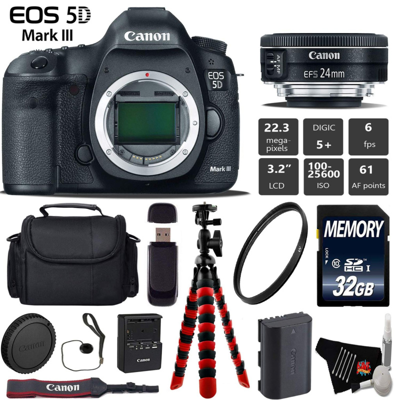 Canon EOS 5D Mark III DSLR Camera with 24mm f/2.8 STM Lens + Wireless Remote + UV Protection Filter + Case + Wrist Strap Starter Bundle (International