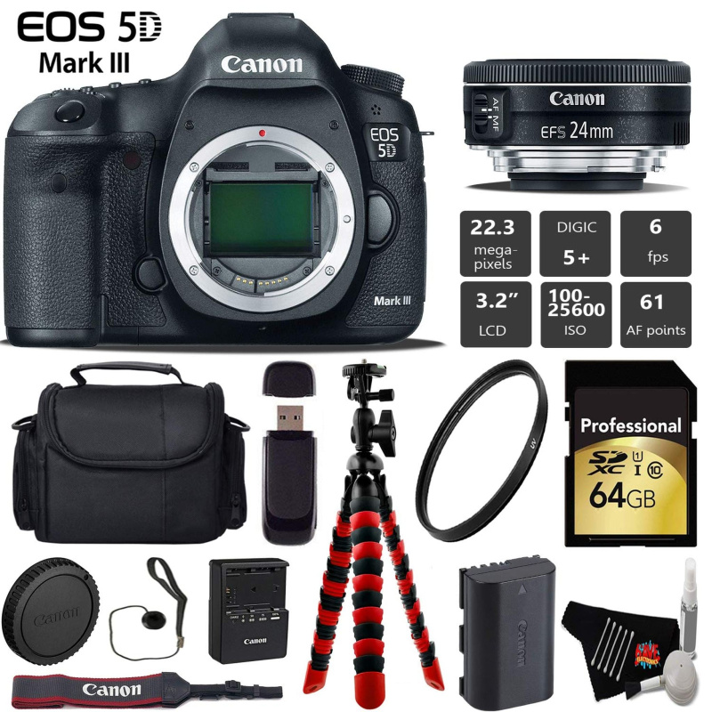 Canon EOS 5D Mark III DSLR Camera with 24mm f/2.8 STM Lens + Wireless Remote + UV Protection Filter + Case + Wrist Strap Pro Bundle (International Mod