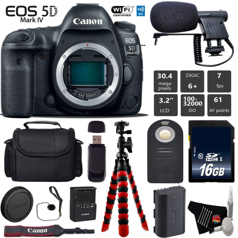 Canon EOS 5D Mark IV DSLR Camera (Body Only) + Wireless Remote + Condenser Microphone + Case + Wrist Strap + Tripod Base Bundle (International Model)