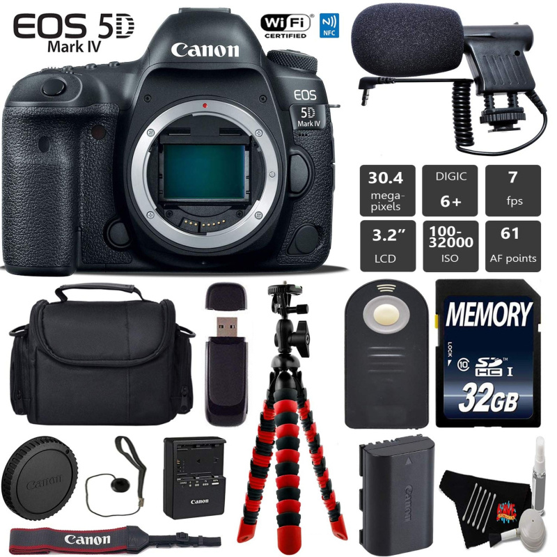 Canon EOS 5D Mark IV DSLR Camera (Body Only) + Wireless Remote + Condenser Microphone + Case + Wrist Strap + Tripod Starter Bundle (International Mode