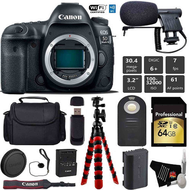 Canon EOS 5D Mark IV DSLR Camera (Body Only) + Wireless Remote + Condenser Microphone + Case + Wrist Strap + Tripod Pro Bundle (International Model)