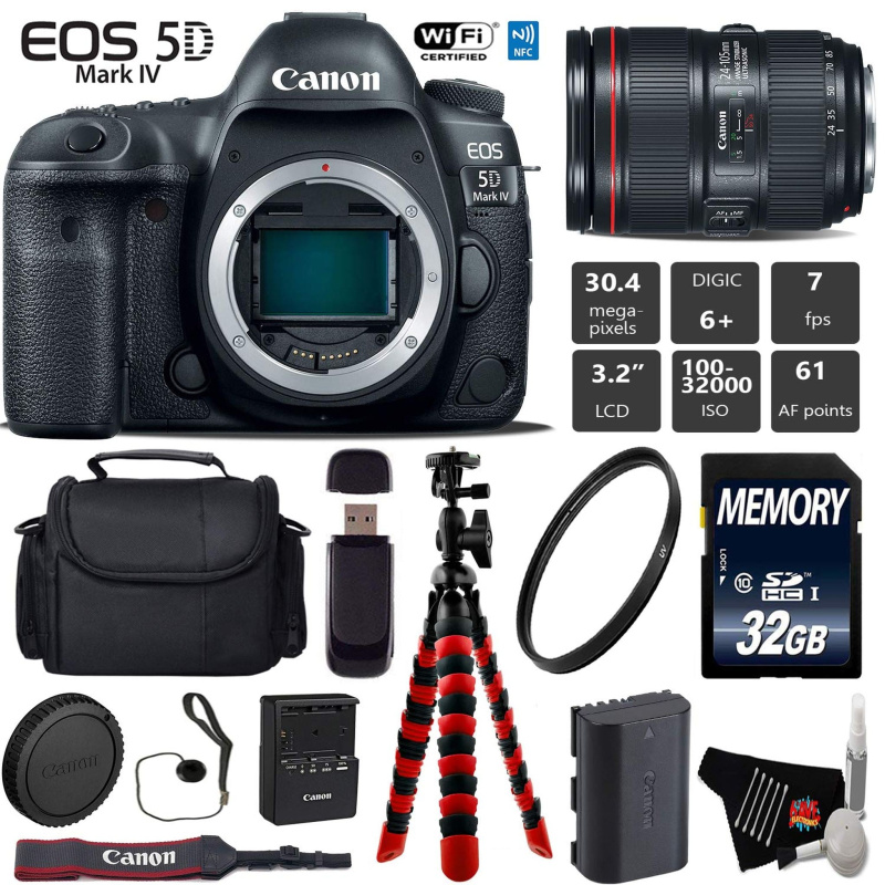 Canon EOS 5D Mark IV DSLR Camera with 24-105mm f/4L II Lens + Wireless Remote + UV Protection Filter + Case Starter Bundle (International Model)