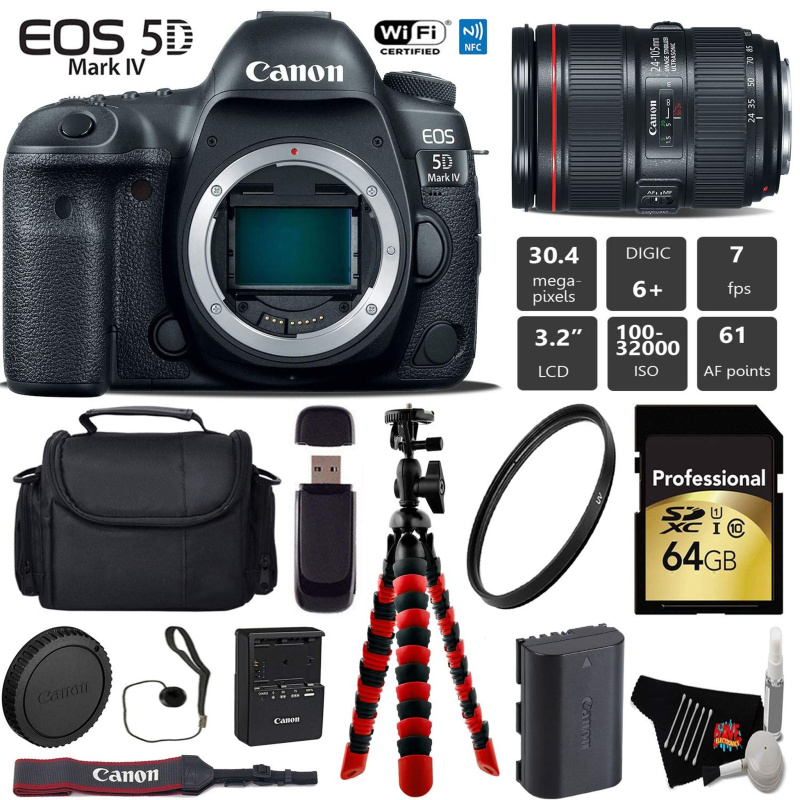 Canon EOS 5D Mark IV DSLR Camera with 24-105mm f/4L II Lens + Wireless Remote + UV Protection Filter + Case Pro Bundle (International Model)