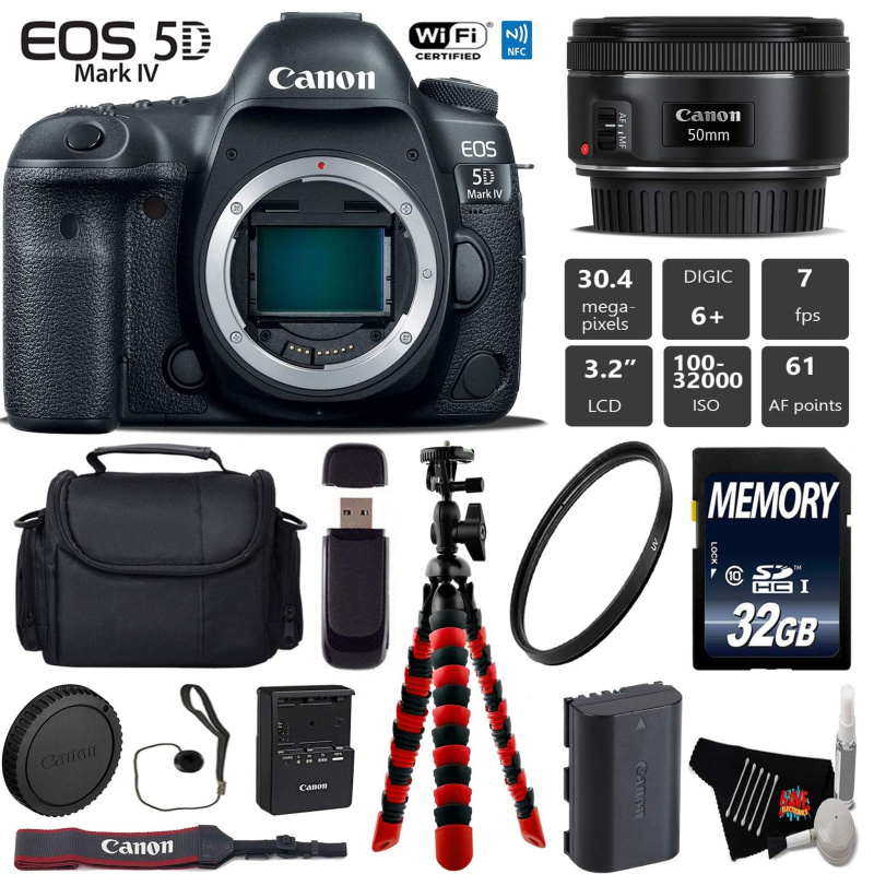 Canon EOS 5D Mark IV DSLR Camera with 50mm f/1.8 STM Lens + Wireless Remote + UV Protection Filter + Case + Wrist Strap Starter Bundle (International
