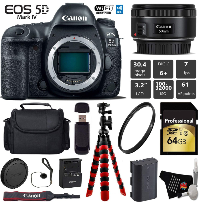 Canon EOS 5D Mark IV DSLR Camera with 50mm f/1.8 STM Lens + Wireless Remote + UV Protection Filter + Case + Wrist Strap Pro Bundle (International Mode