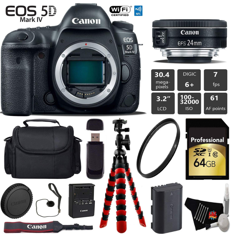 Canon EOS 5D Mark IV DSLR Camera with 24mm f/2.8 STM Lens + Wireless Remote + UV Protection Filter + Case Pro Bundle (International Model)