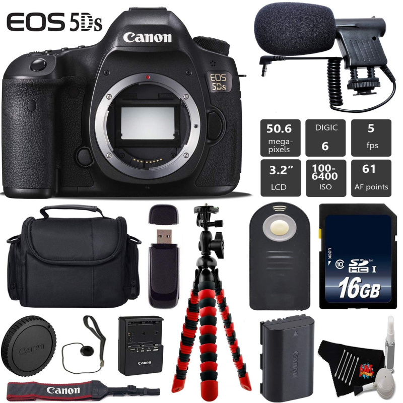 Canon EOS 5DS DSLR Camera (Body Only) + Wireless Remote + Condenser Microphone + Case + Wrist Strap + Tripod Base Bundle (International Model)