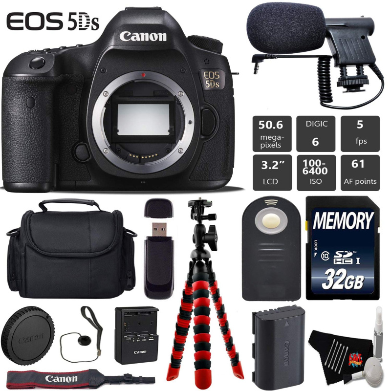Canon EOS 5DS DSLR Camera (Body Only) + Wireless Remote + Condenser Microphone + Case + Wrist Strap + Tripod Starter Bundle (International Model)