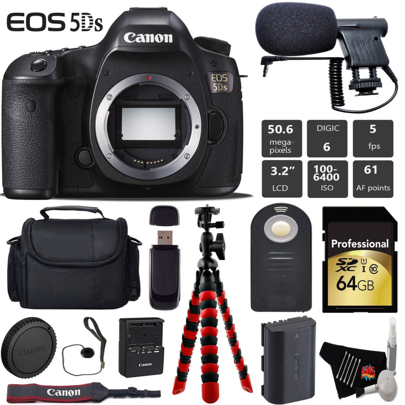 Canon EOS 5DS DSLR Camera (Body Only) + Wireless Remote + Condenser Microphone + Case + Wrist Strap + Tripod Pro Bundle (International Model)