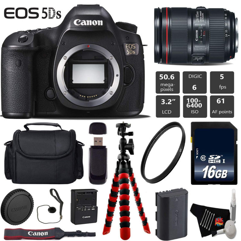 Canon EOS 5DS DSLR Camera with 24-105mm f/4L II Lens + Wireless Remote + UV Protection Filter + Case + Wrist Strap + Tri (International Model)