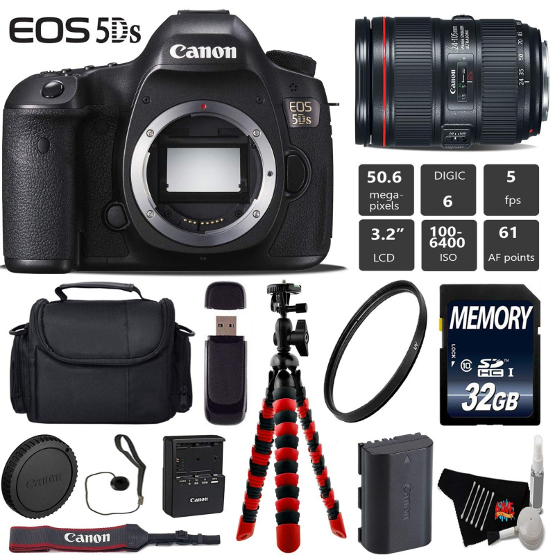 Canon EOS 5DS DSLR Camera with 24-105mm f/4L II Lens + Wireless Remote + UV Protection Filter + Case + Wrist Strap + Tri (International Model)