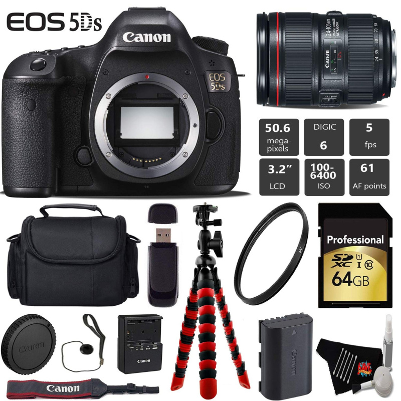 Canon EOS 5DS DSLR Camera with 24-105mm f/4L II Lens + Wireless Remote + UV Protection Filter + Case + Wrist Strap + Tri (International Model)