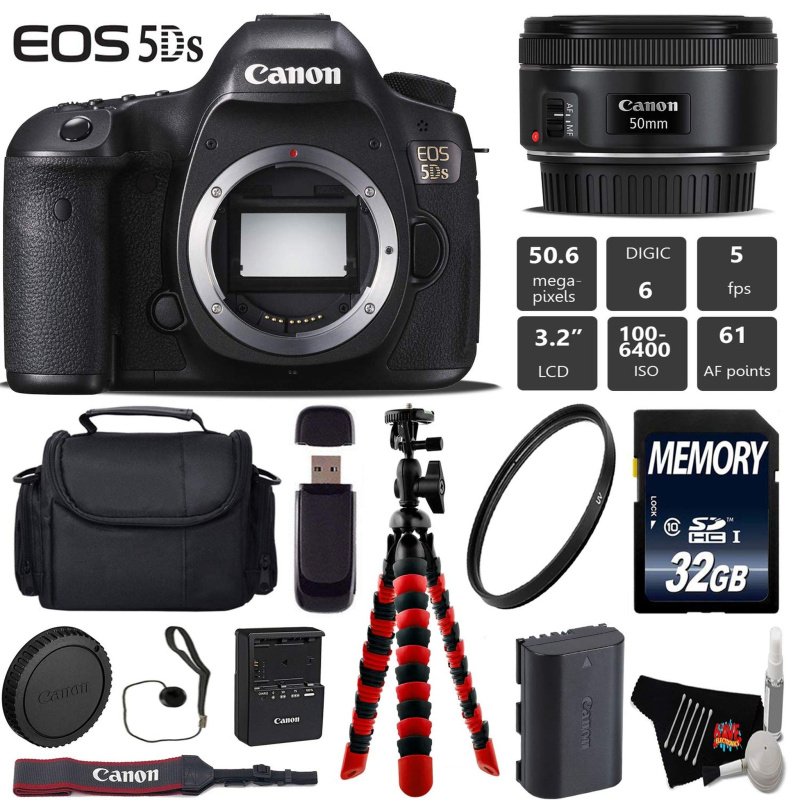 Canon EOS 5DS DSLR Camera with 50mm f/1.8 STM Lens + Wireless Remote + UV Protection Filter + Case + Wrist Strap Starter Bundle (International Model)