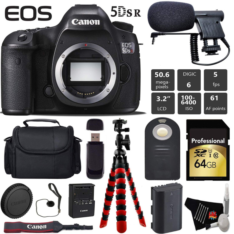 Canon EOS 5DS R DSLR Camera (Body Only) + Wireless Remote + Condenser Microphone + Case + Wrist Strap + Tripod Pro Bundle (International Model)