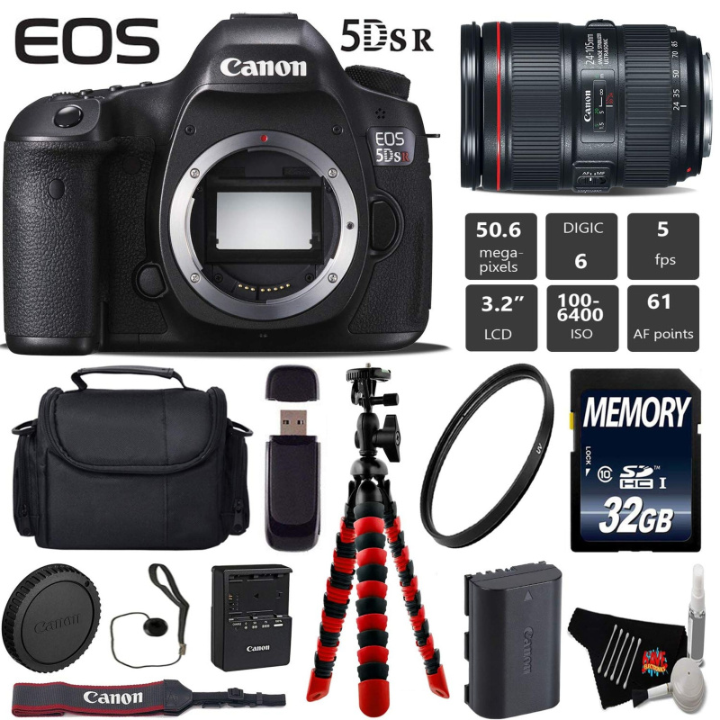 Canon EOS 5DS R DSLR Camera with 24-105mm f/4L II Lens + Wireless Remote + UV Protection Filter + Case + Wrist Strap + T (International Model)