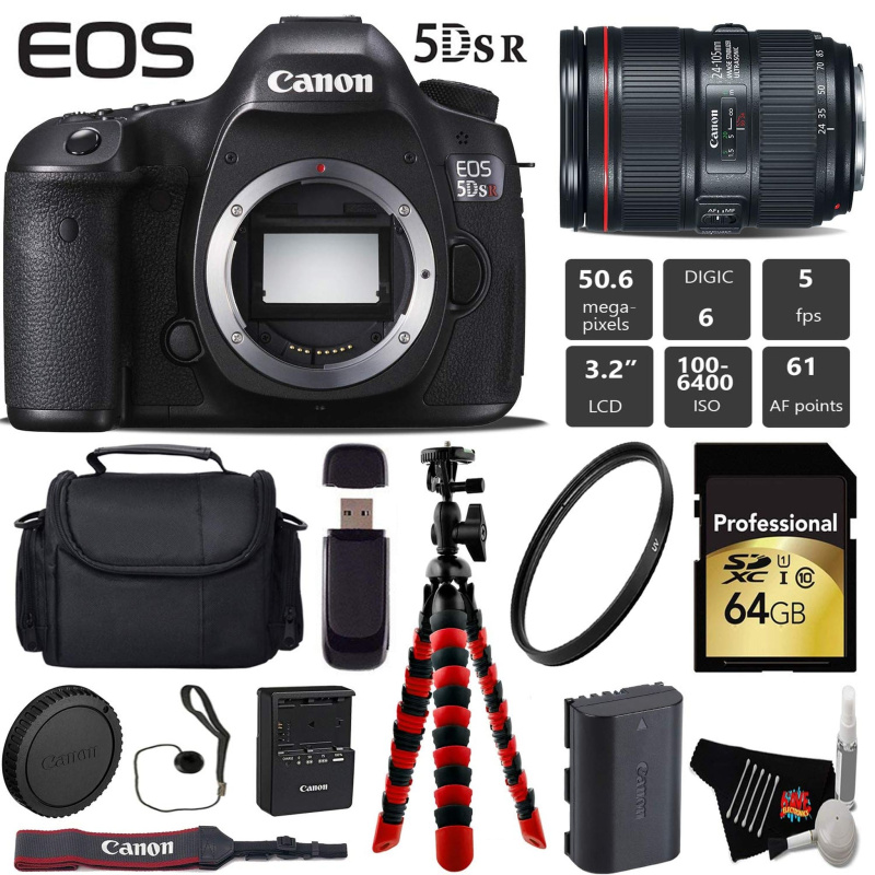 Canon EOS 5DS R DSLR Camera with 24-105mm f/4L II Lens + Wireless Remote + UV Protection Filter + Case + Wrist Strap + T (International Model)