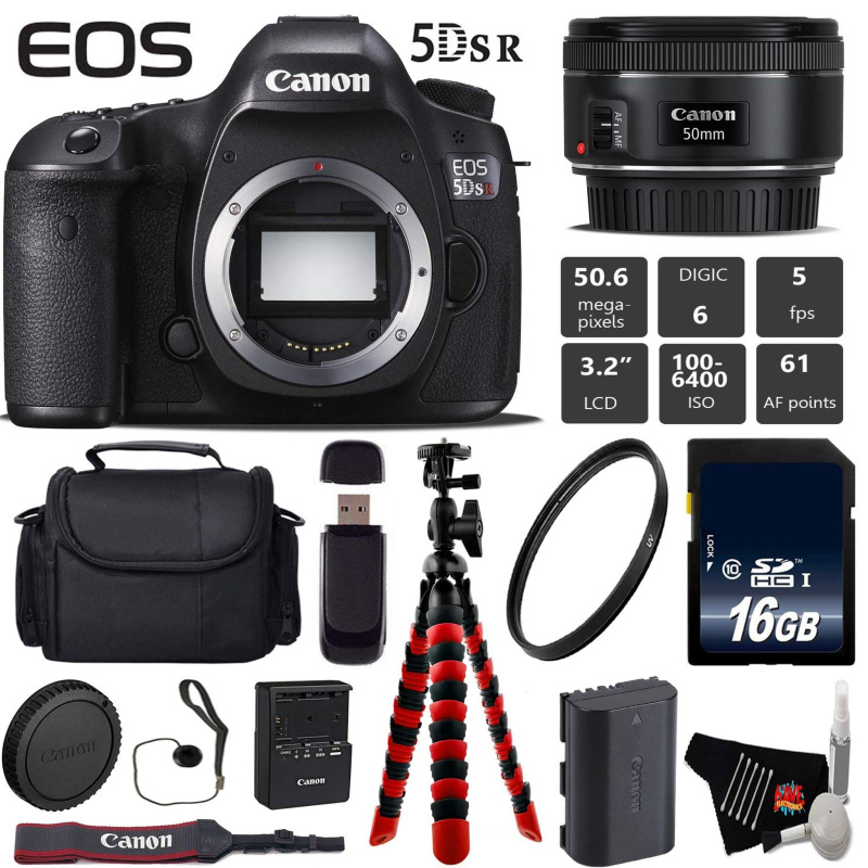 Canon EOS 5DS R DSLR Camera with 50mm f/1.8 STM Lens + Wireless Remote + UV Protection Filter + Case + Wrist Strap + Tri (International Model)