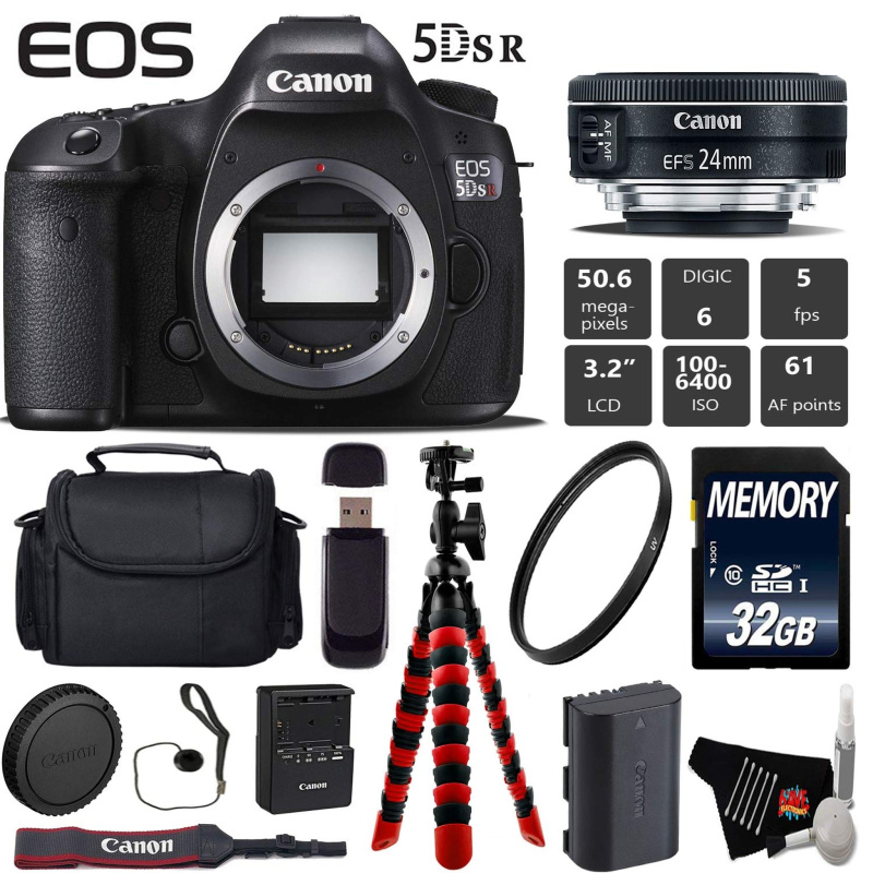 Canon EOS 5DS R DSLR Camera with 24mm f/2.8 STM Lens + Wireless Remote + UV Protection Filter + Case + Wrist Strap Starter Bundle (International Model