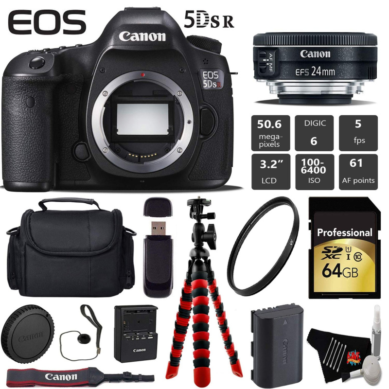Canon EOS 5DS R DSLR Camera with 24mm f/2.8 STM Lens + Wireless Remote + UV Protection Filter + Case + Wrist Strap + Tri (International Model)