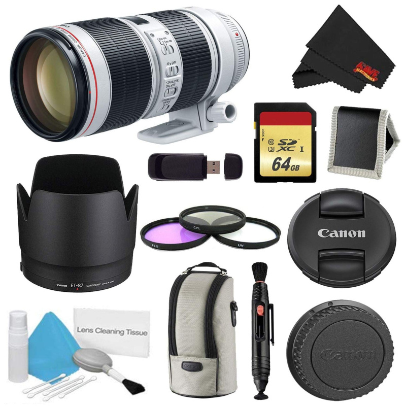 Canon EF 70-200mm f/2.8L is III USM Lens Bundle w/ 64GB Memory Card + Accessories, and 3 Piece Filter Kit (International (International Model)