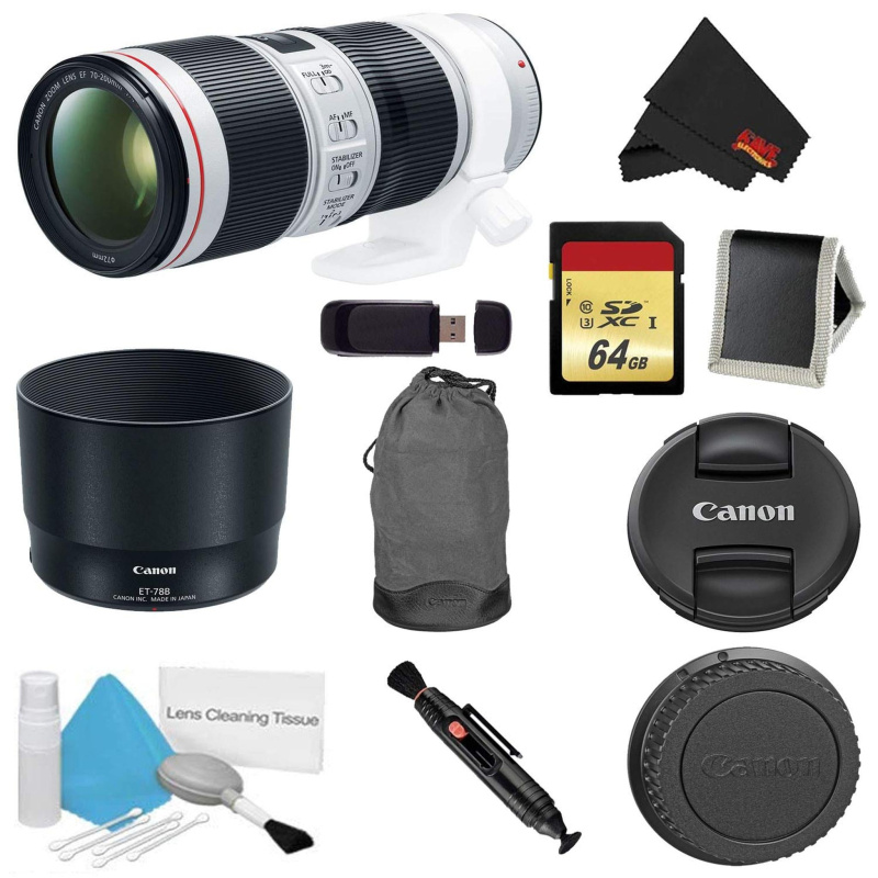 Canon EF 70-200mm f/4L is II USM Lens Bundle w/ 64GB Memory Card + Accessories (International Model)