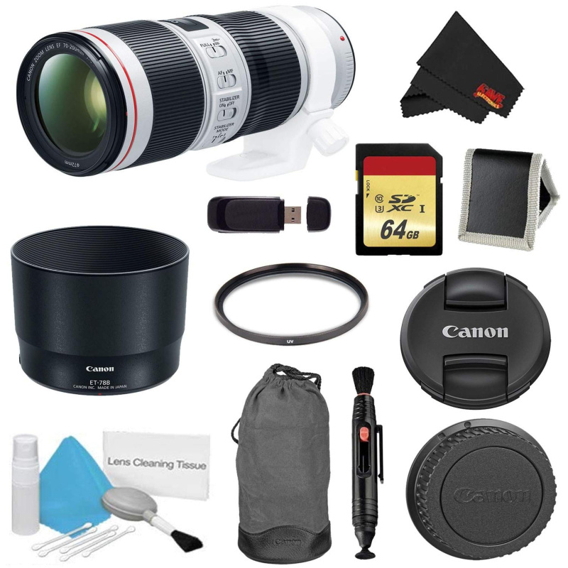 Canon EF 70-200mm f/4L is II USM Lens Bundle w/ 64GB Memory Card + Accessories UV Filter (International Model)