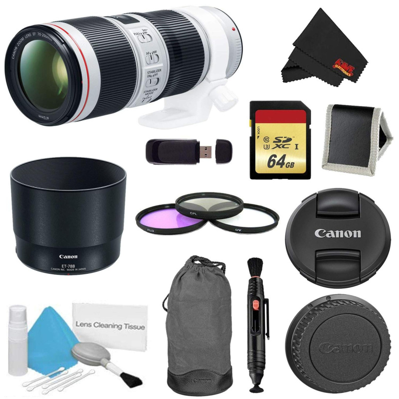 Canon EF 70-200mm f/4L is II USM Lens Bundle w/ 64GB Memory Card + Accessories 3 Piece Filter Kit (International Model)