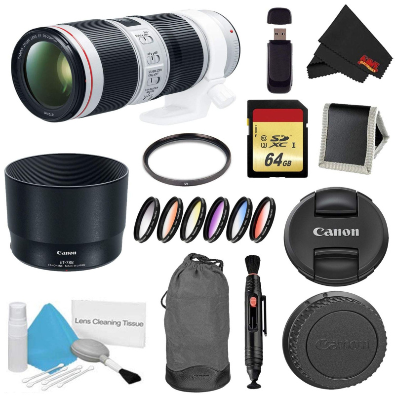 Canon EF 70-200mm f/4L is II USM Lens Bundle w/ 64GB Memory Card + Accessories, UV Filter Color Multicoated 6 Piece Filt (International Model)