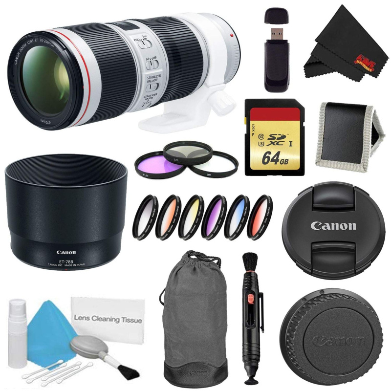 Canon EF 70-200mm f/4L is II USM Lens Bundle w/ 64GB Memory Card + Accessories, 3 Piece Filter Kit Color Multicoated 6 P (International Model)
