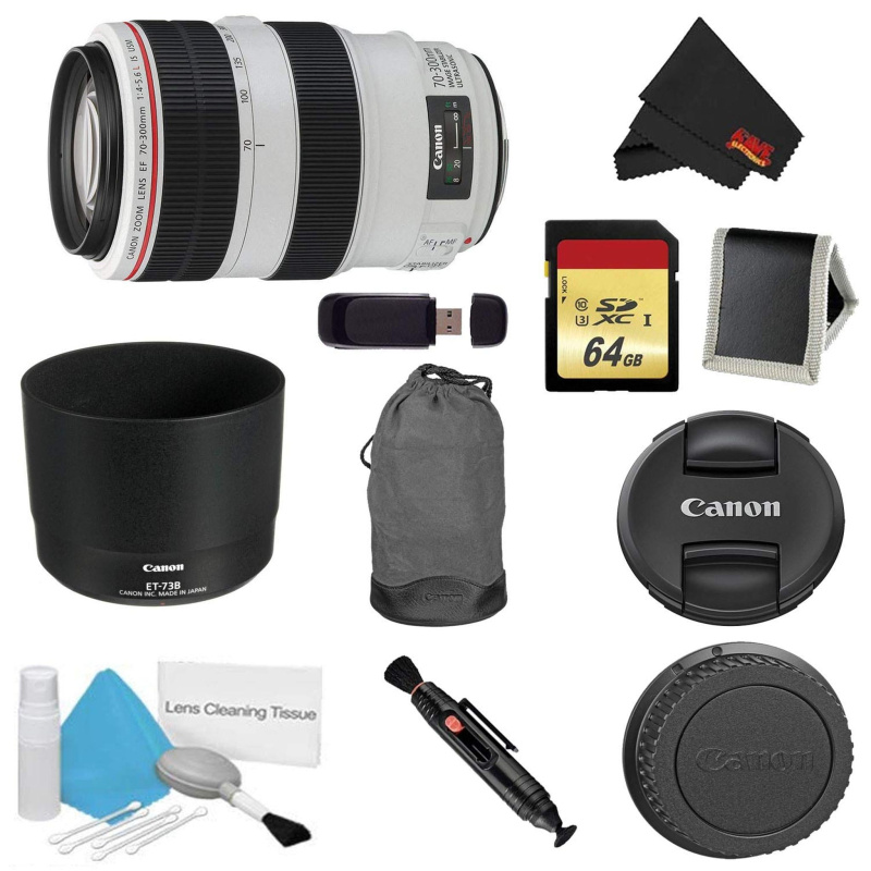 Canon EF 70-300mm f/4-5.6L is USM Lens Bundle w/ 64GB Memory Card + Accessories (International Model)
