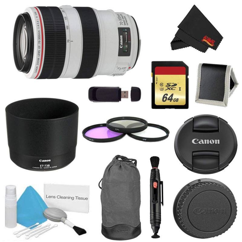 Canon EF 70-300mm f/4-5.6L is USM Lens Bundle w/ 64GB Memory Card + Accessories 3 Piece Filter Kit (International Model)