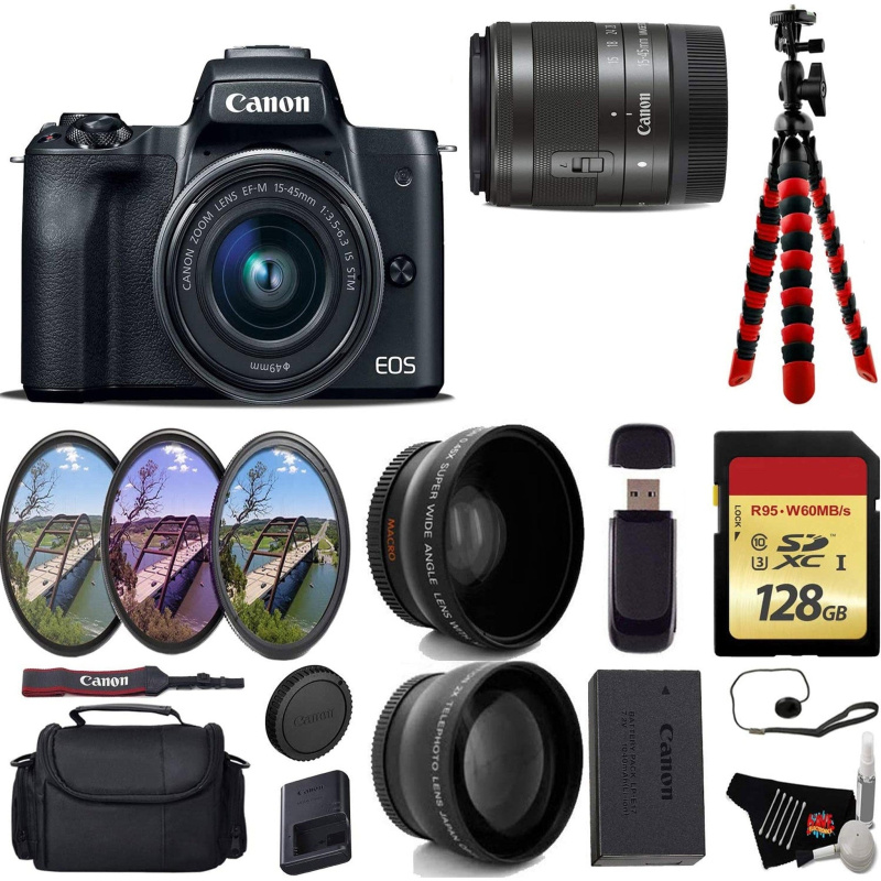 Canon EOS M50 Mirrorless Digital Camera with 15-45mm Lens + UV FLD CPL Filter Kit + Wide Angle & Telephoto Lens + Camera (International Model)