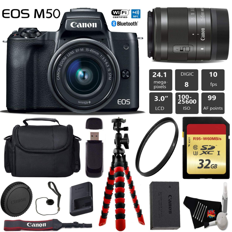 Canon EOS M50 Mirrorless Digital Camera with 15-45mm Lens + Flexible Tripod + UV Protection Filter + Professional Case + (International Model)