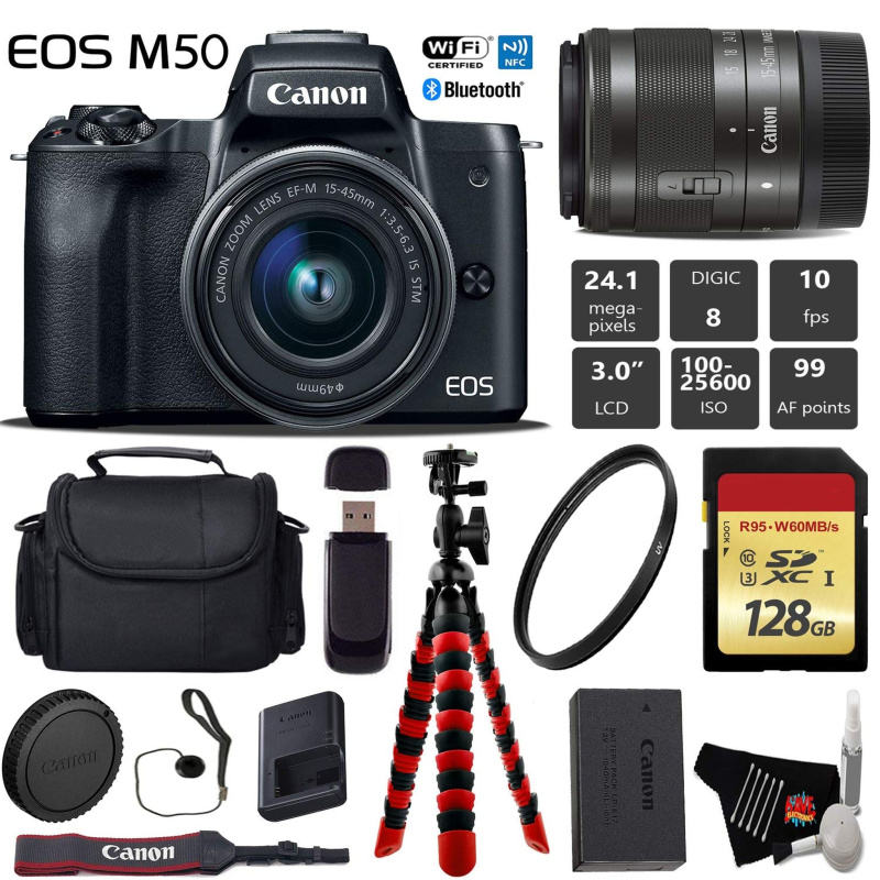 Canon EOS M50 Mirrorless Digital Camera with 15-45mm Lens + Flexible Tripod + UV Protection Filter + Professional Case + (International Model)