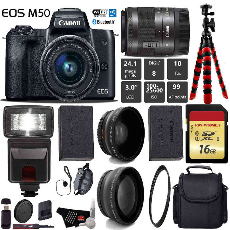 Canon EOS M50 Mirrorless Digital Camera with 15-45mm Lens + Flash + UV FLD CPL Filter Kit + Wide Angle & Telephoto Lens (International Model)