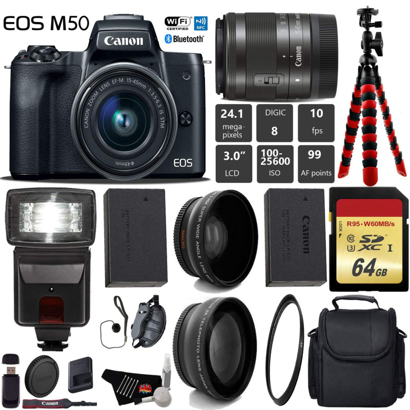 Canon EOS M50 Mirrorless Digital Camera with 15-45mm Lens + Flash + UV FLD CPL Filter Kit + Wide Angle & Telephoto Lens (International Model)