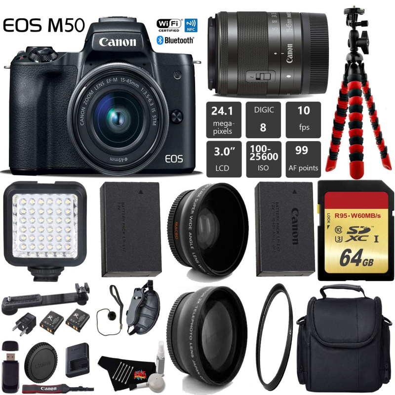 Canon EOS M50 Mirrorless Digital Camera with 15-45mm Lens + LED + UV FLD CPL Filter Kit + Wide Angle & Telephoto Lens + (International Model)