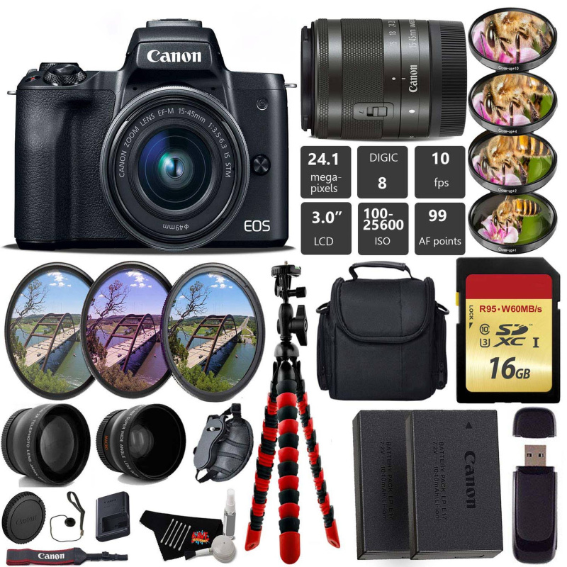 Canon EOS M50 Mirrorless Digital Camera with 15-45mm Lens + UV FLD CPL Filter Kit + 4 PC Macro Kit + Wide Angle & Teleph (International Model)
