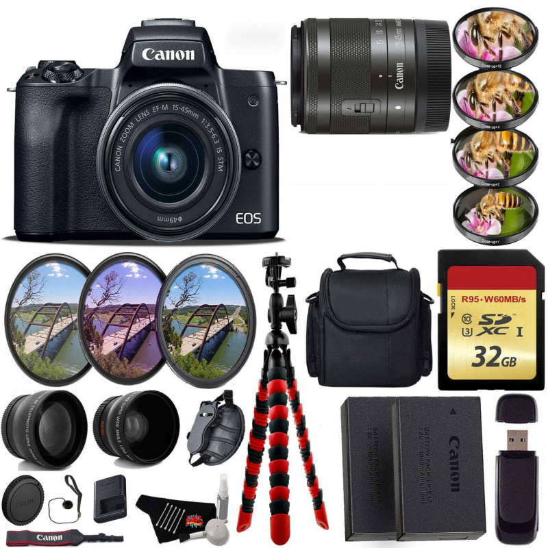 Canon EOS M50 Mirrorless Digital Camera with 15-45mm Lens + UV FLD CPL Filter Kit + 4 PC Macro Kit + Wide Angle & Teleph (International Model)