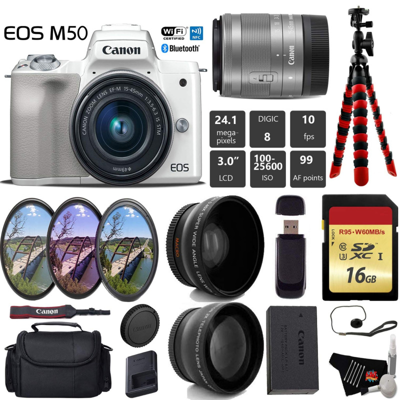 Canon EOS M50 Mirrorless Digital Camera (White) with 15-45mm Lens + UV FLD CPL Filter Kit + Wide Angle & Telephoto Lens (International Model)