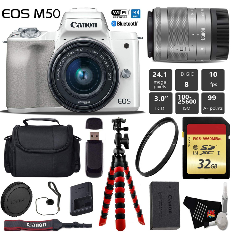 Canon EOS M50 Mirrorless Digital Camera (White) with 15-45mm Lens + Flexible Tripod + UV Protection Filter + Professiona (International Model)