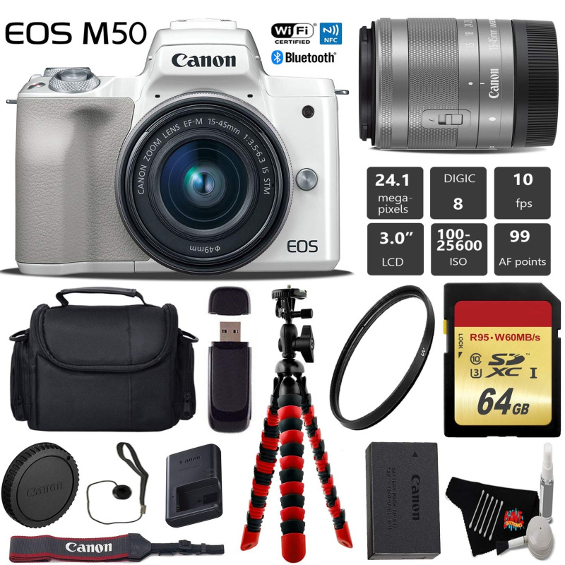 Canon EOS M50 Mirrorless Digital Camera (White) with 15-45mm Lens + Flexible Tripod + UV Protection Filter + Professiona (International Model)