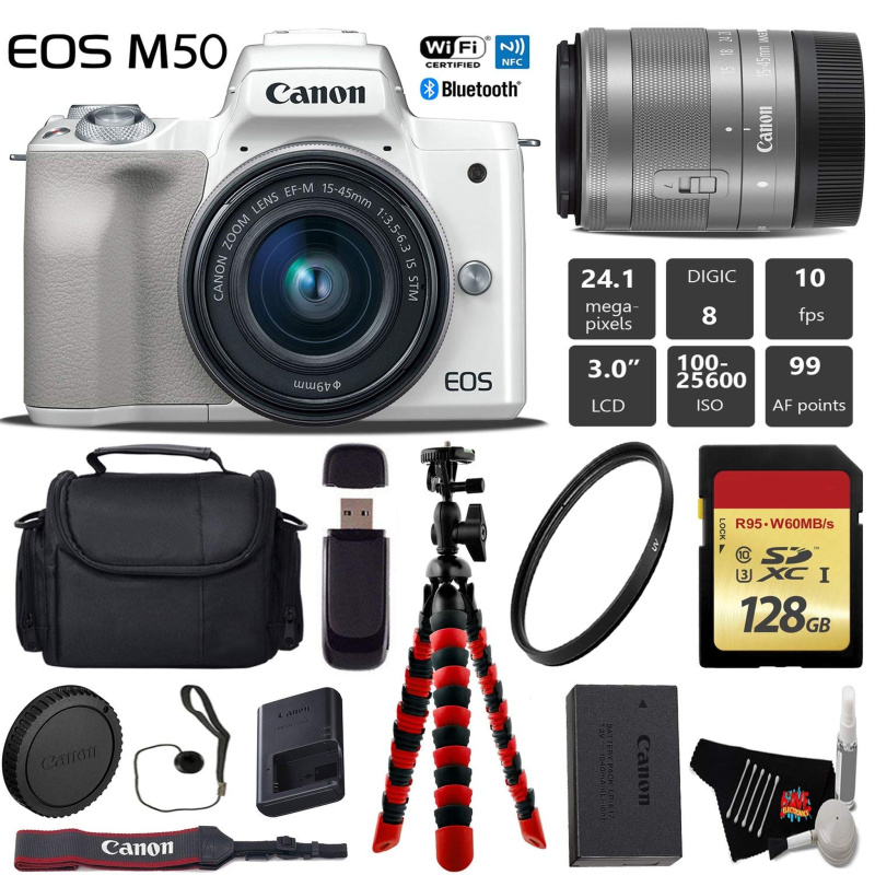 Canon EOS M50 Mirrorless Digital Camera (White) with 15-45mm Lens + Flexible Tripod + UV Protection Filter + Professiona (International Model)