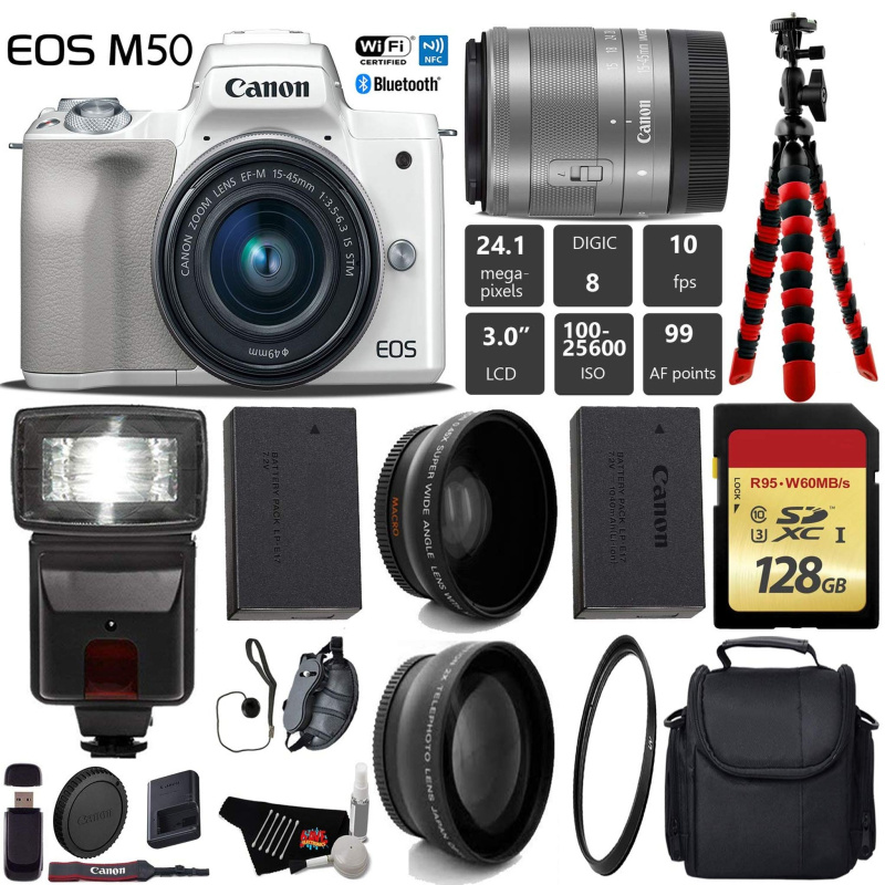 Canon EOS M50 Mirrorless Digital Camera (White) with 15-45mm Lens + Flash + UV FLD CPL Filter Kit + Wide Angle & Telepho (International Model)