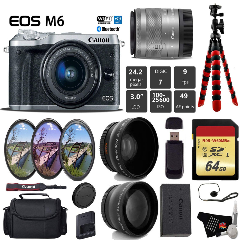 Canon EOS M6 Mirrorless Digital Camera (Silver) with EF-M 15-45mm is STM Lens + UV FLD CPL Filter Kit + Wide Angle & Tel (International Model)
