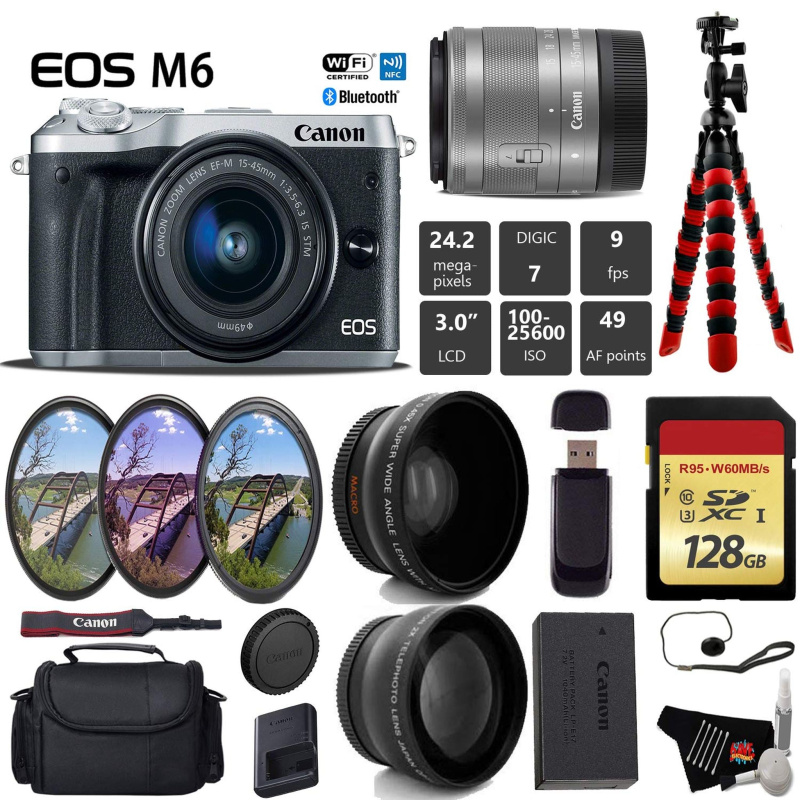 Canon EOS M6 Mirrorless Digital Camera (Silver) with EF-M 15-45mm is STM Lens + UV FLD CPL Filter Kit + Wide Angle & Tel (International Model)