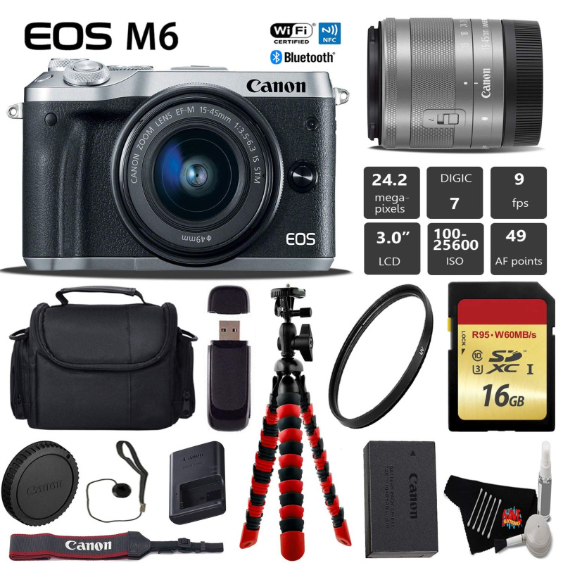 Canon EOS M6 Mirrorless Digital Camera (Silver) with EF-M 15-45mm is STM Lens + Flexible Tripod + UV Protection Filter + (International Model)
