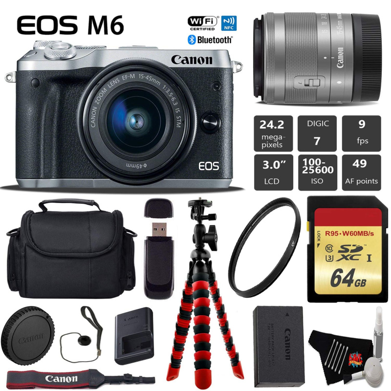 Canon EOS M6 Mirrorless Digital Camera (Silver) with EF-M 15-45mm is STM Lens + Flexible Tripod + UV Protection Filter + (International Model)