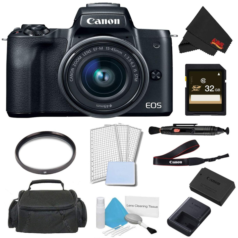 Canon EOS M50 Mirrorless Digital Camera with 15-45mm Lens (Black) Advanced Bundle w/ 32GB Memory Card - International Mo (International Model)